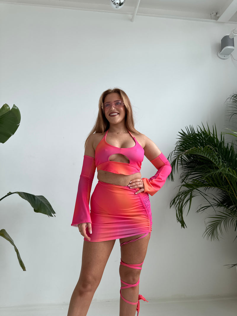 Ready To Ship - Coral  - Leg-Tie Ruched Skirt (Mesh)