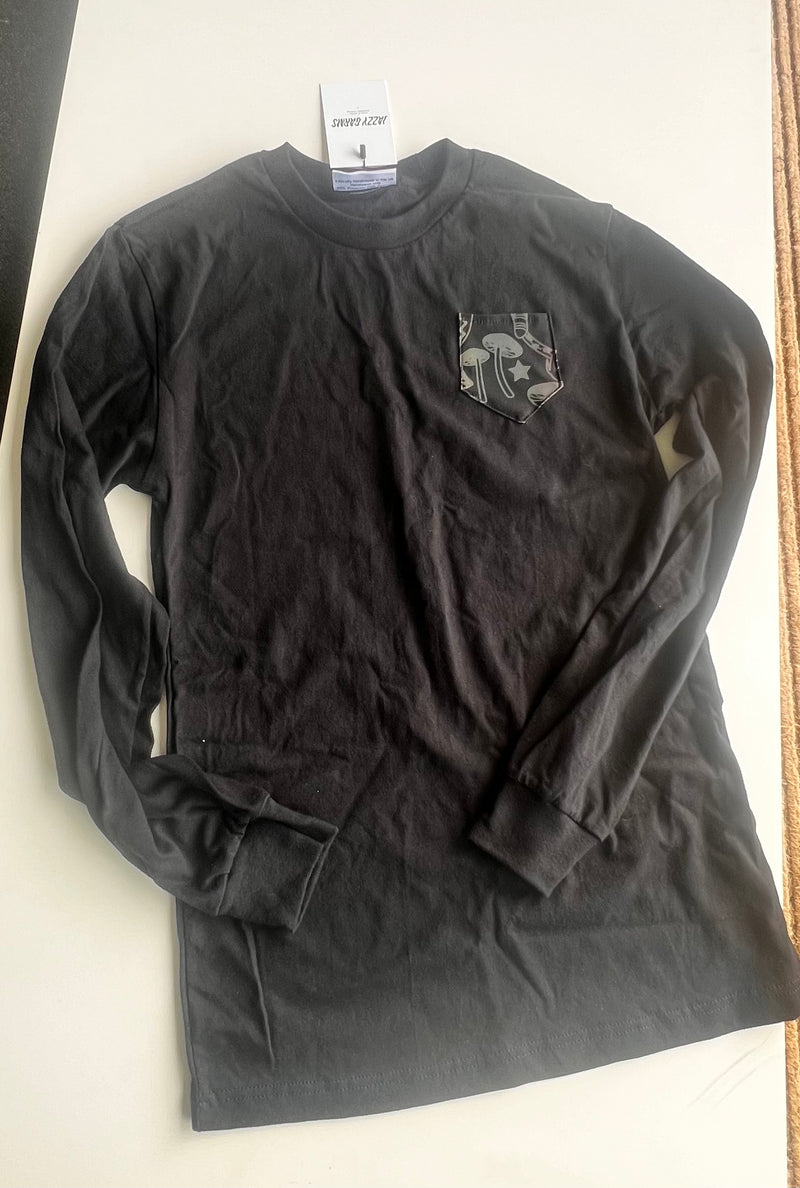 Ready to Ship - Jazzy X Mellow - Long Sleeve T-Shirt (Black) - Psychedelic Wonderland (Mushroom)